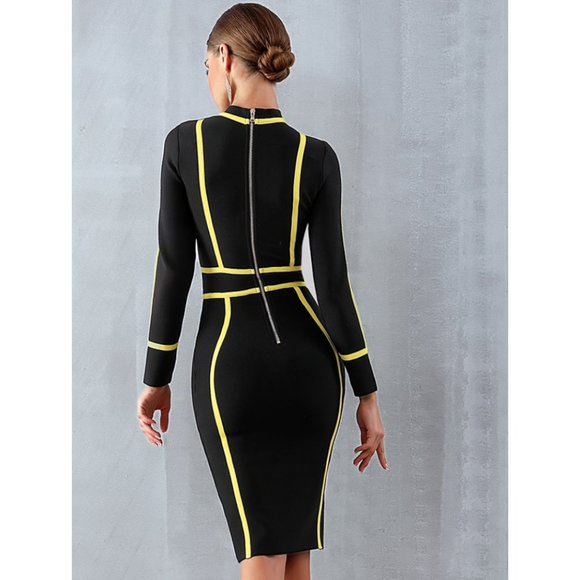 Athina Black & Yellow Outlined Bandage Long-Sleeve Rayon Dress Size Small - Picture 12 of 12